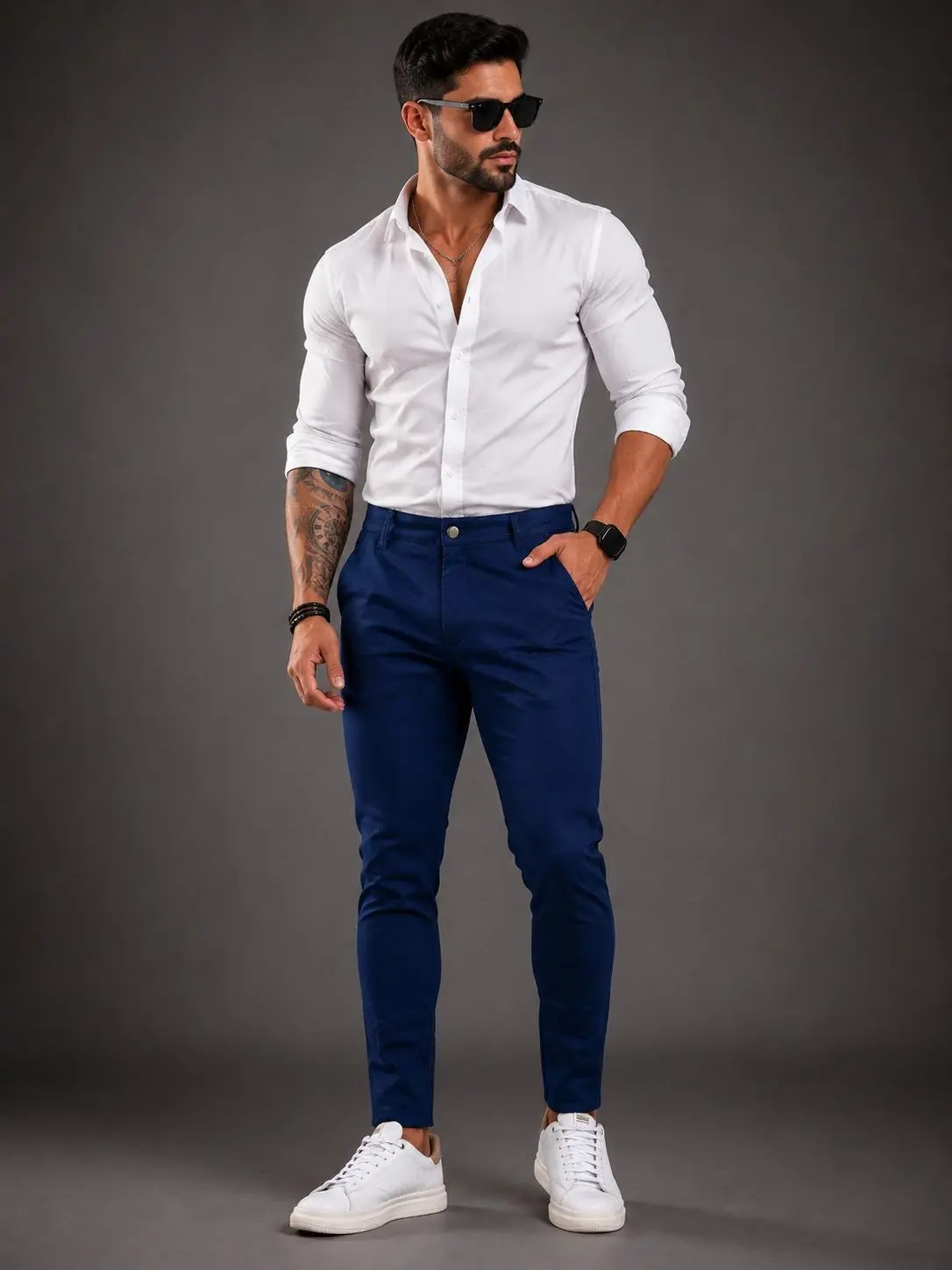 Look camisa branca com calça azul-marinho — alternativo